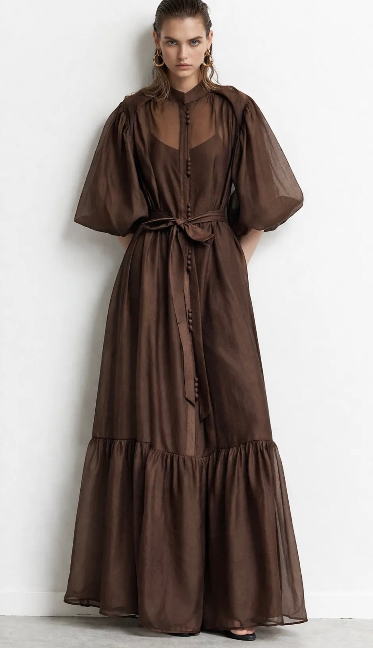 Robe Ella manches courtes ballon marron